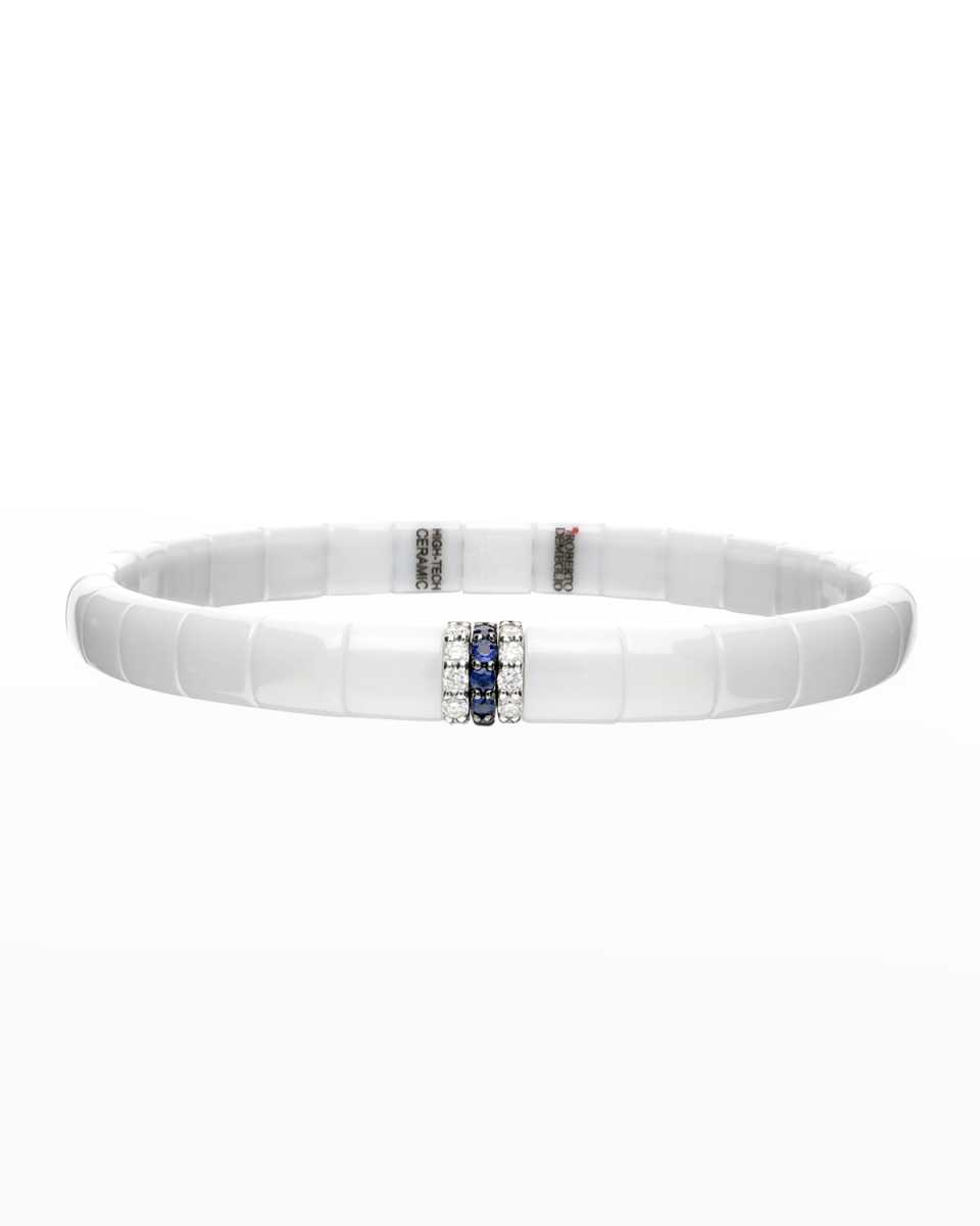 White Gold and White Ceramic Pura Stretch Bracelet with Diamonds and Blue Sapphires
